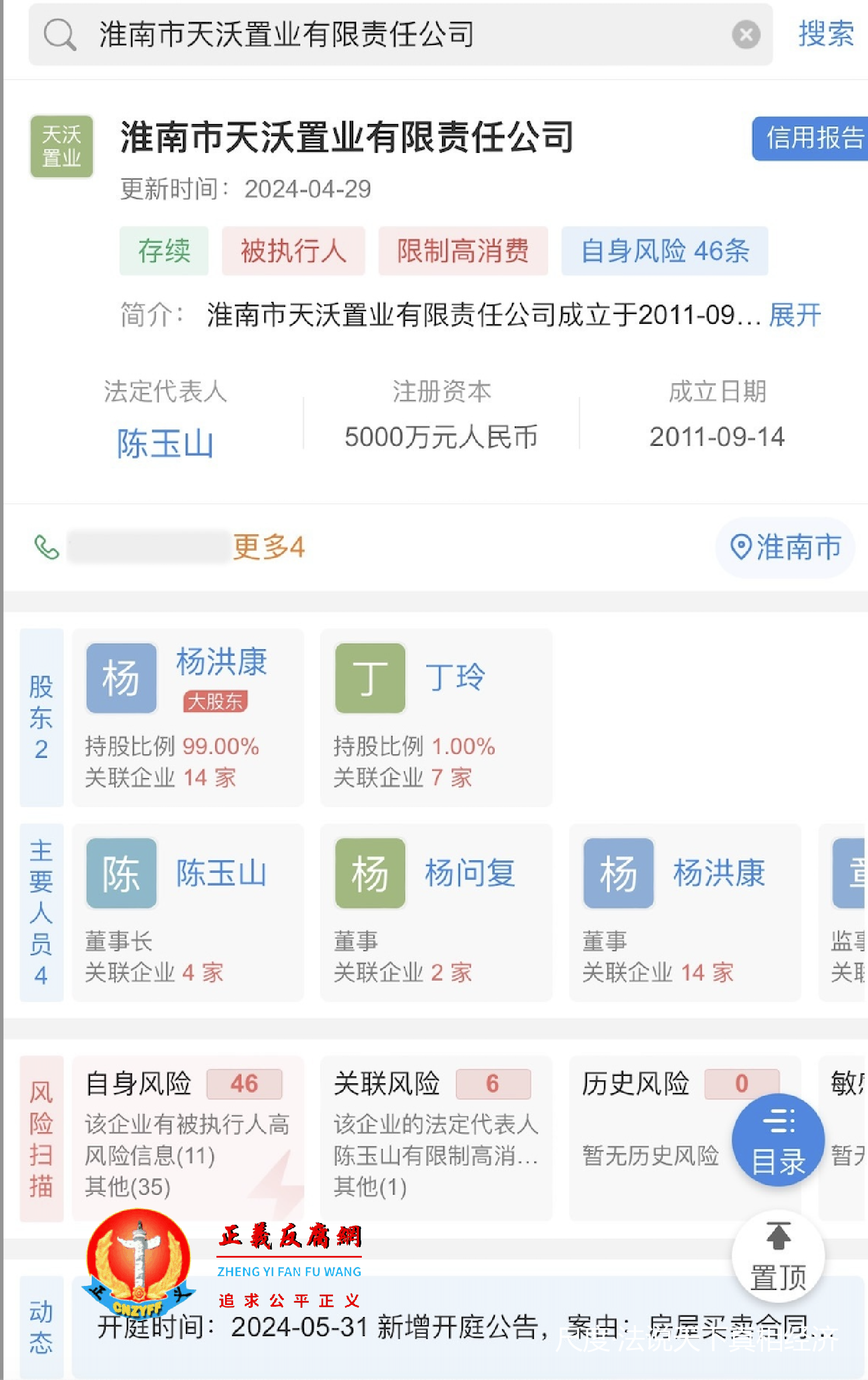 天眼查信息显示，淮南市天沃置业有限责任公司股东信息，杨洪康为大股东、实际控制人，持股占99%，丁玲为小股东、持股占1%。.png
